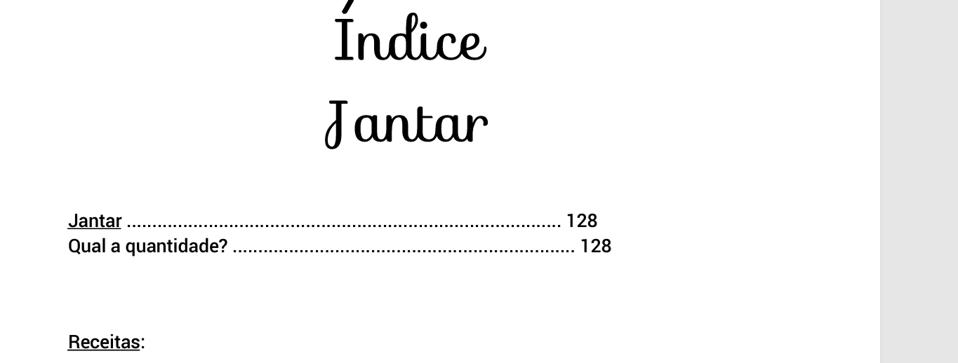 Índice de receitas para o jantar do ebook