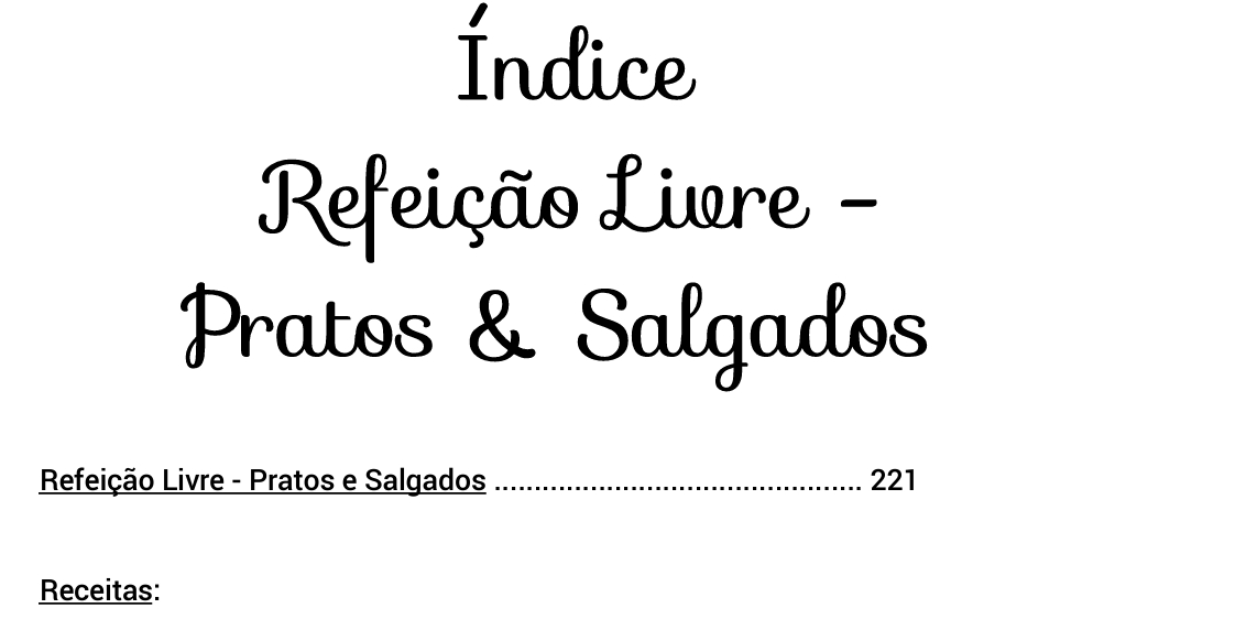 Índice de refeição livre, pratos e salgados do ebook